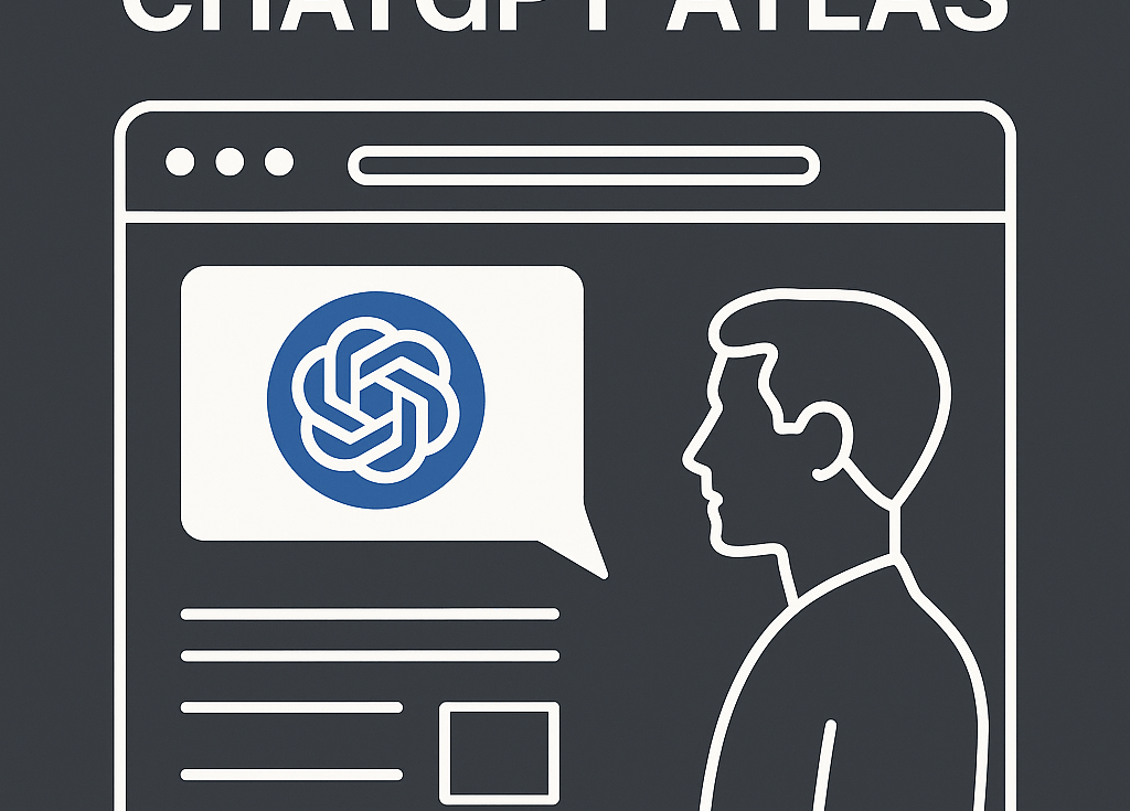 Minimalista, kék-fehér tónusú illusztráció a ChatGPT Atlas böngészőről, amelyben egy ember és egy AI-asszisztens kommunikál modern, letisztult felületen.