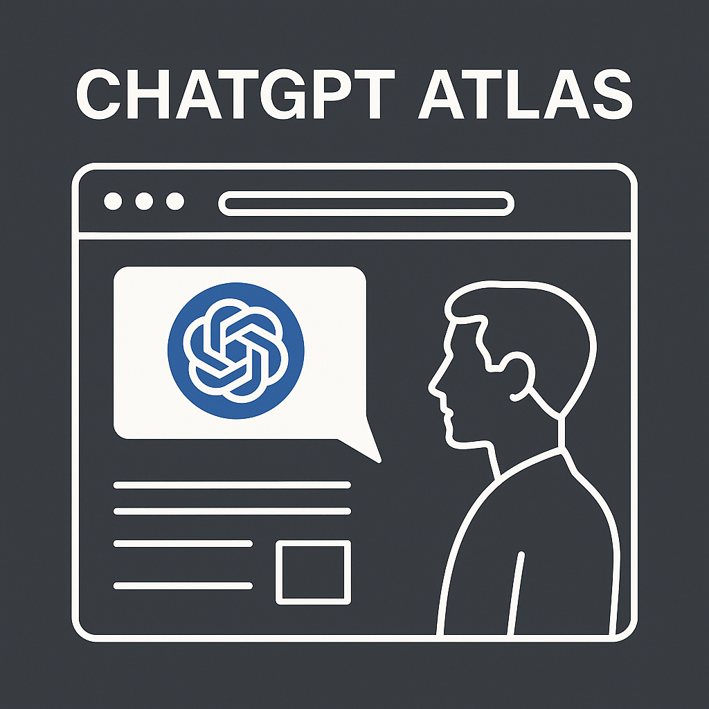 Minimalista, kék-fehér tónusú illusztráció a ChatGPT Atlas böngészőről, amelyben egy ember és egy AI-asszisztens kommunikál modern, letisztult felületen.